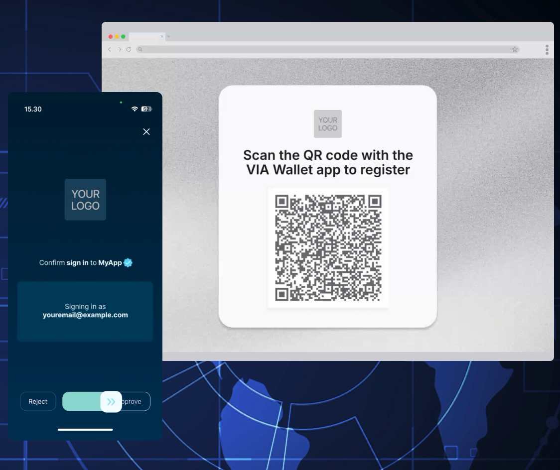 VIA registration screen: a browser prompts to scan a QR code with the VIA Wallet app, beside a phone mock-up of the sign-in UI, on a dark network background.